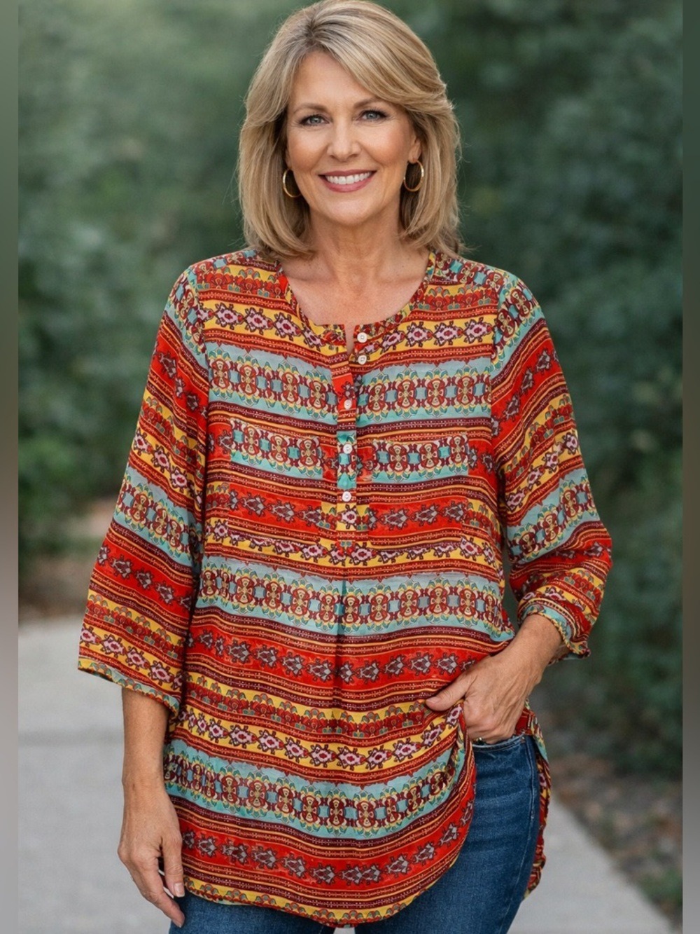 Fig and Flower Boho Stripe Tunic Red Multi Henley Blouse Festivalcore M